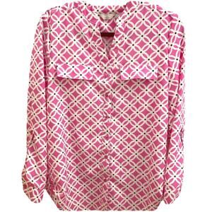 Coral Bay Hot Pink & White Mod Pattern Button Up Blouse Top Small Relaxed EUC